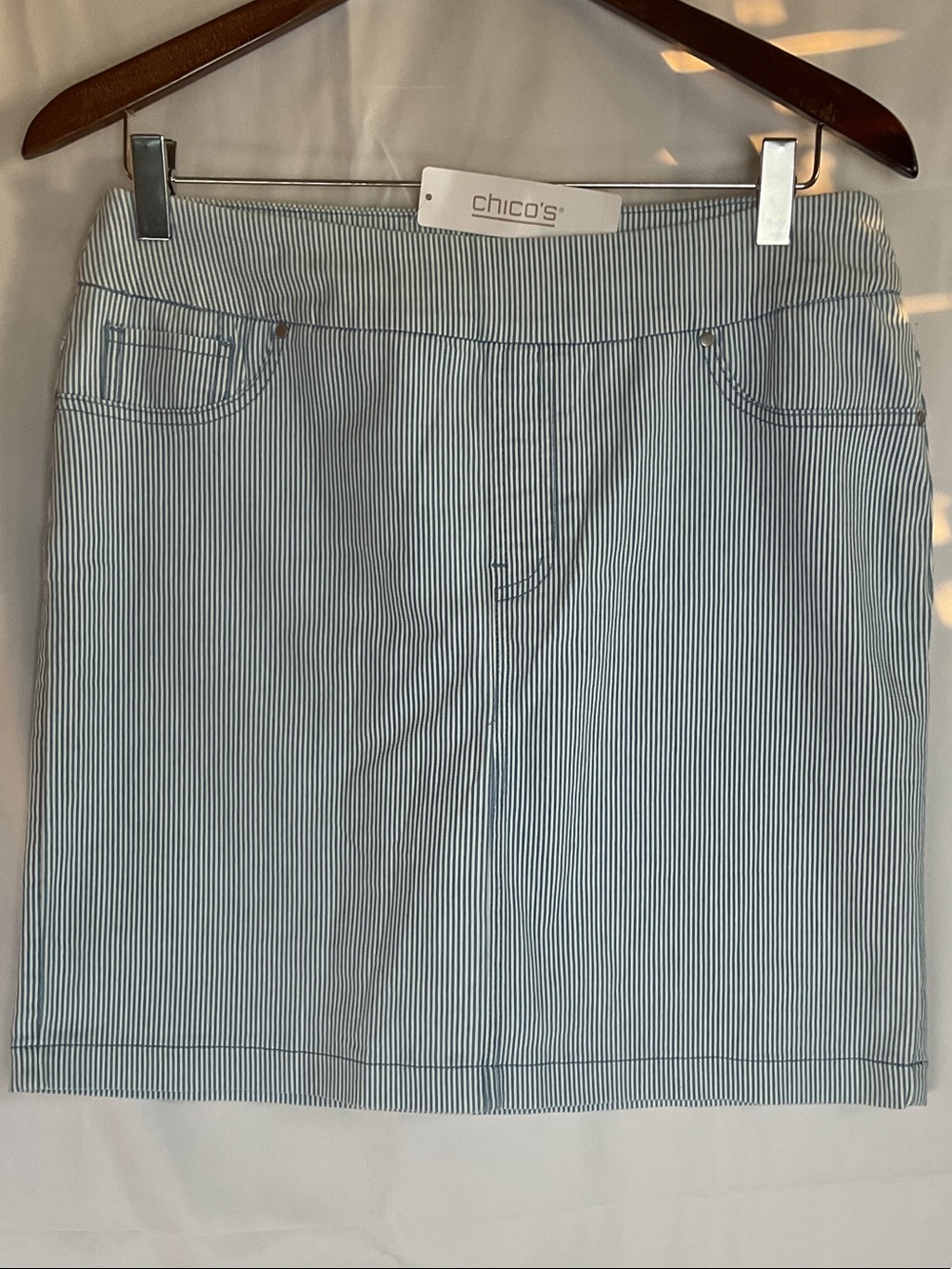 Chico's Navy and White Pinstripe Mini Skirt